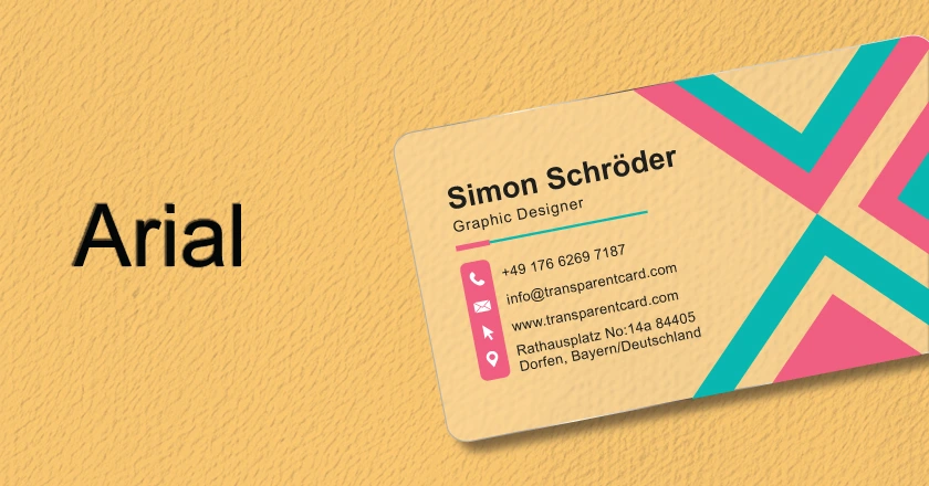 A business card design featuring the Arial font with pink, teal, and yellow geometric accents