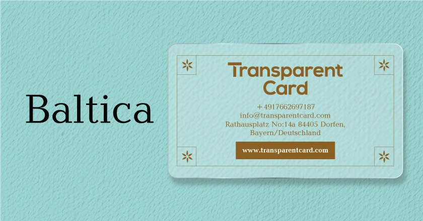 A transparent business card mockup featuring the Baltica font.