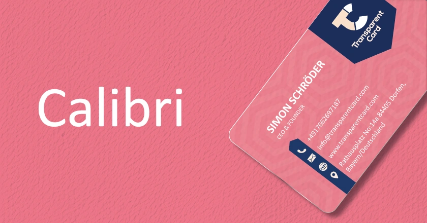 A business card with a pink background featuring the Calibri font