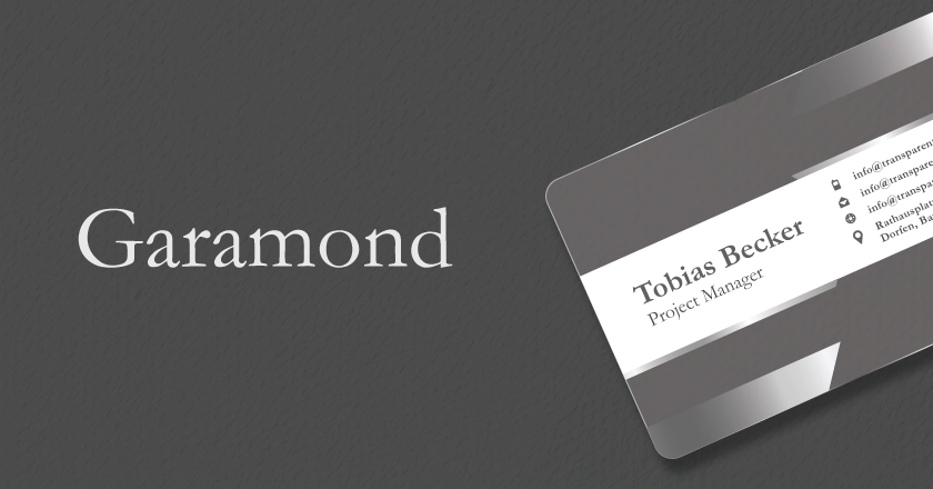 A business card mockup featuring the Garamond font.