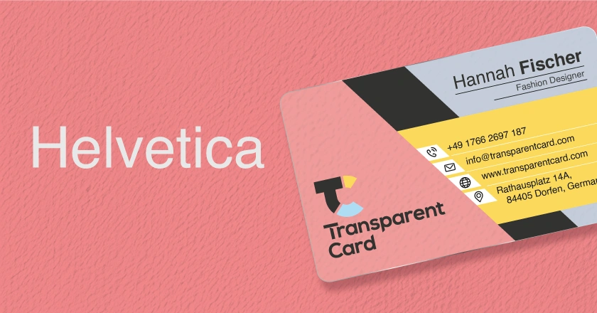 A transparent business card using the Helvetica font.