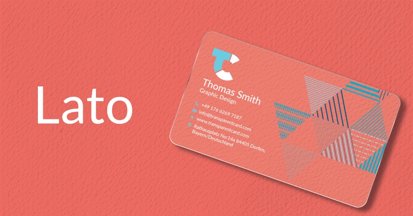 A business card design featuring the Lato font with a geometric blue and red pattern.