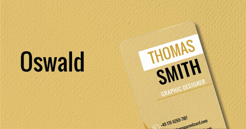 A vertical business card featuring the Oswald font with a mustard yellow background