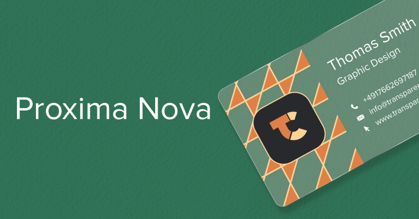 A creative business card featuring the Proxima Nova font with an orange and green triangular pattern